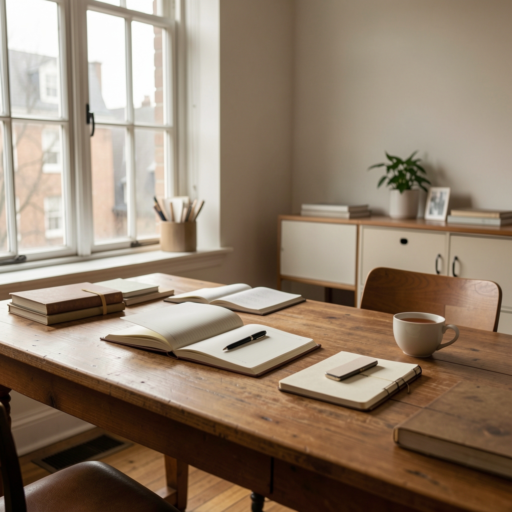 Quiet editorial workspace with a large wooden desk, open notebooks, a cup of tea, and natural light streaming through a tall window — a calm environment for writing and research