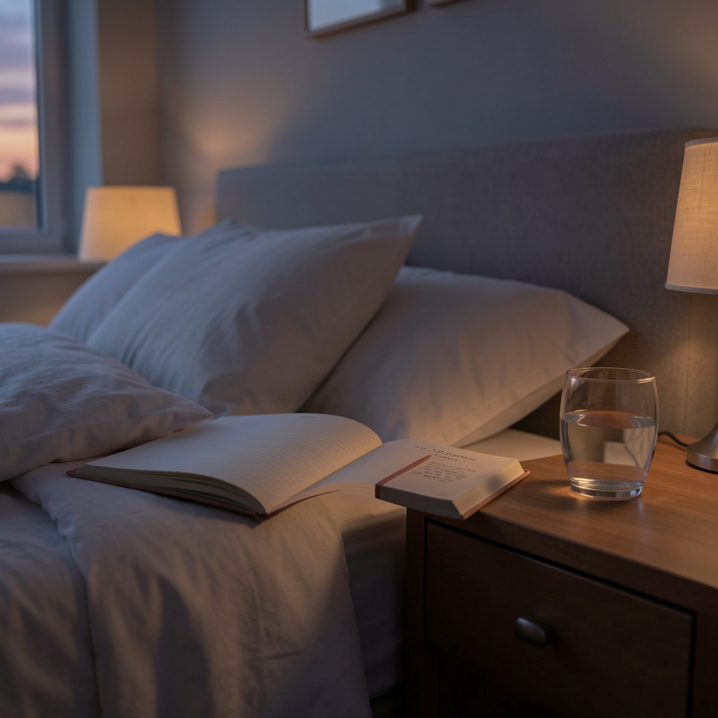 Dimly lit bedroom at dusk with a bedside notebook open and a glass of water on the nightstand, showing a calm evening atmosphere for sleep preparation
